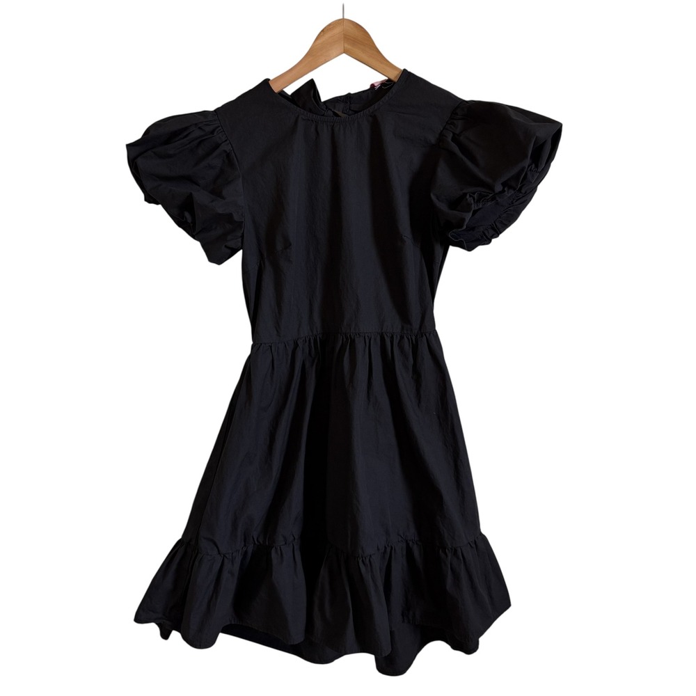 Female Form Black Mini‎ Dress Open Back Puff Sleeve Tiered Ruffle Hem XS